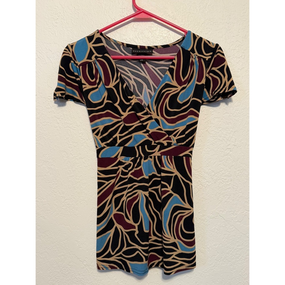 Attention Womens Abstract Swirl Print V-Neck Empire Waist Tie Back Blouse Medium